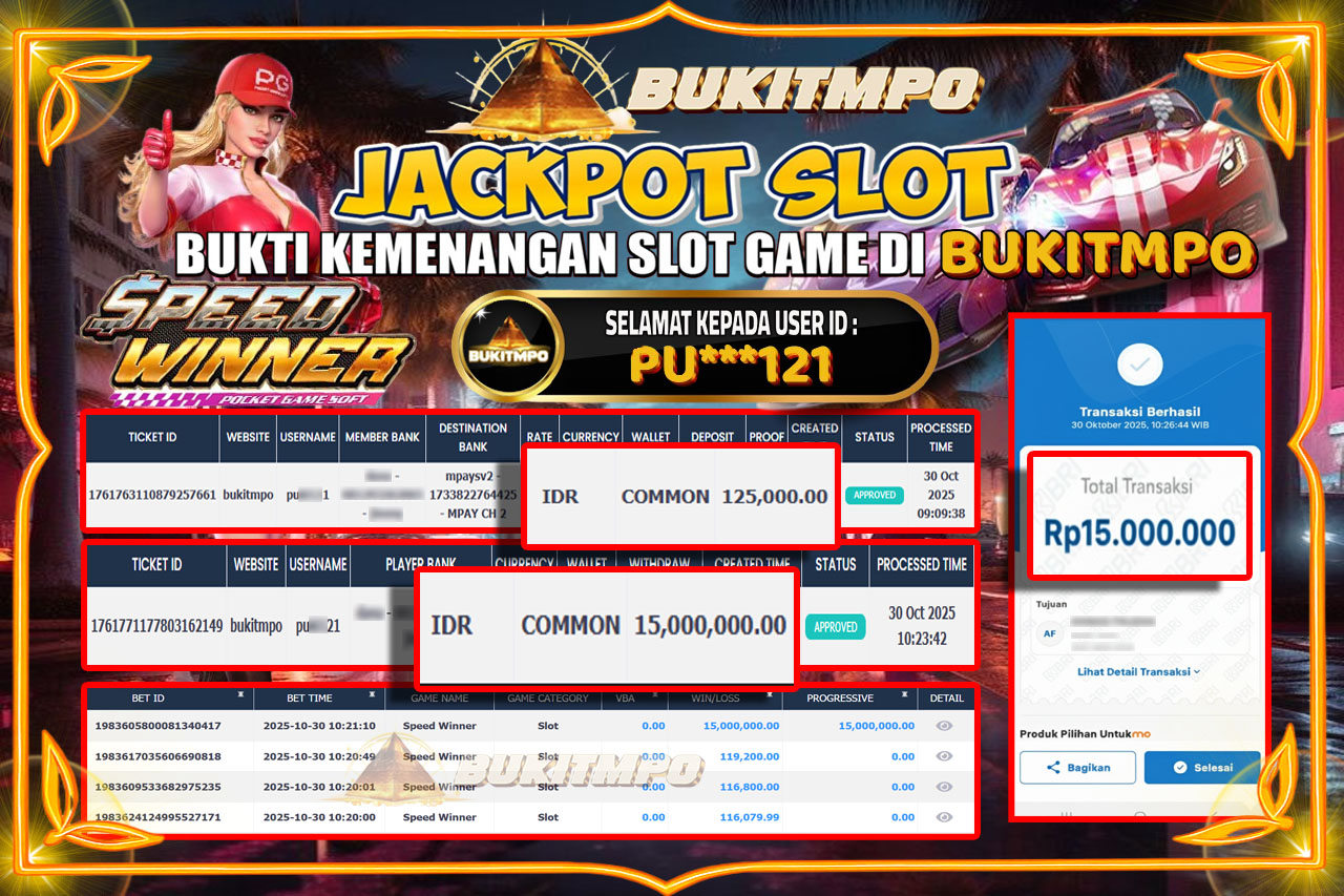 BUKITMPO JACKPOT SPEED WINNER - PG SOFT Rp.15.000.000,- LUNAS